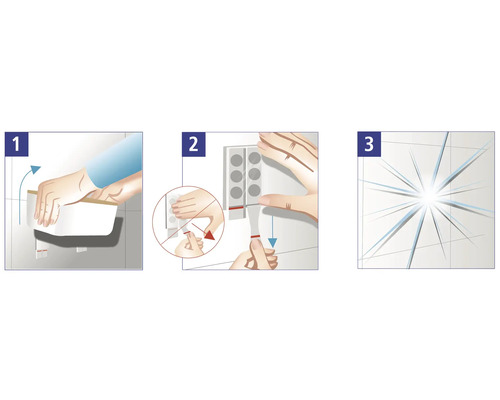 Montážní návod pro koupelnovou polici s lepicími proužky ve třech krocích