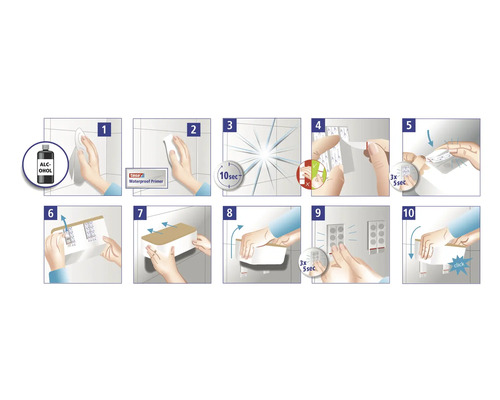 Podrobný návod k montáži police pomocí lepicích proužků na obkládanou stěnu