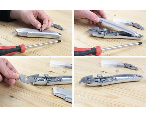 Vícedílný obrázek řezacího nože sestaveného šroubovákem na dřevěném stole.