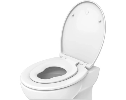 Toaleta s otevřeným záchodovým prkénkem a dětským sedátkem