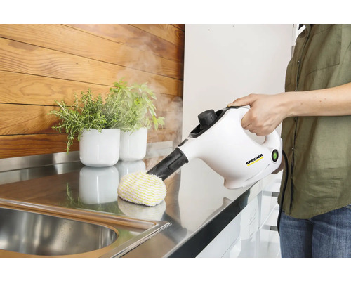 Parní čistič v provozu na pracovní desce s dřezem a rostlinami