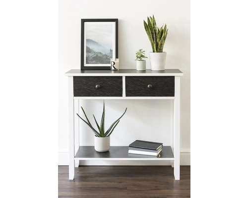 Dekorativní konzolový stolek se dvěma zásuvkami, úložnou policí a různými dekorativními prvky