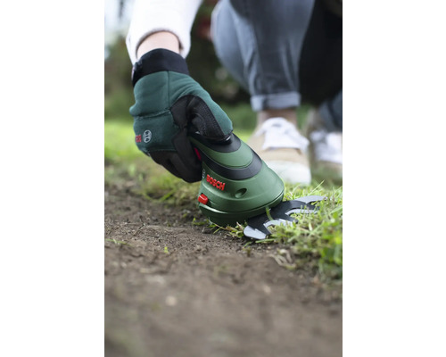 Zahradní nůžky na stříhání okrajů trávníku s rukavicemi a logem Bosch