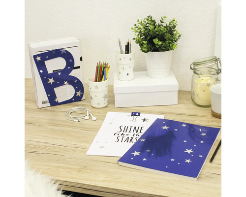 Dekorativní aranžmá s dopisem, pery, zápisníkem a rostlinou na stole