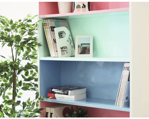 Regál s několika policemi a dekorativními předměty.