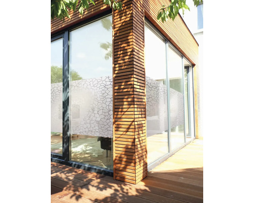 Exteriér moderního domu s dřevěným obkladem a velkými okny se soukromou fólií.