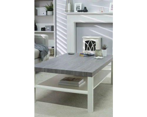 Obývací pokoj s pohovkou, policí, krbem a šedým konferenčním stolkem s úložným prostorem