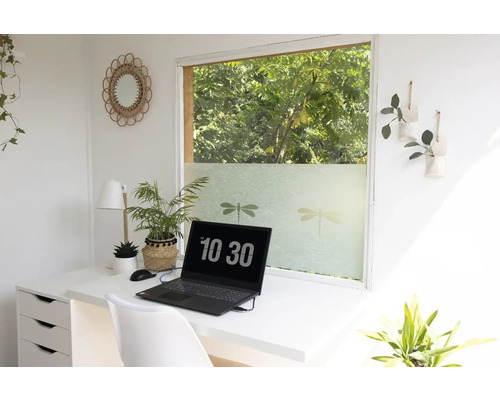 Světlá pracovní oblast se stolem, notebookem a okenní fólií s motivy vážek