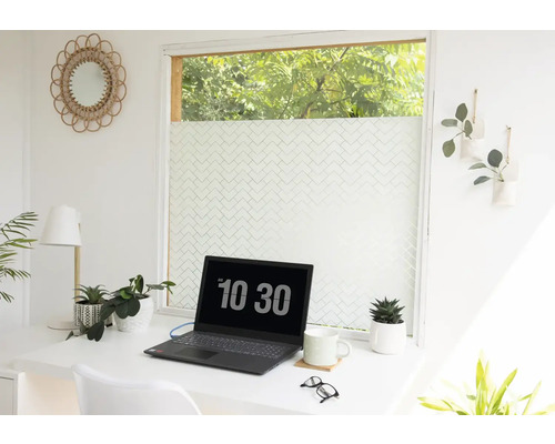 Světlý pracovní prostor se stolem, notebookem, rostlinami a okenní fólií pro větší soukromí.