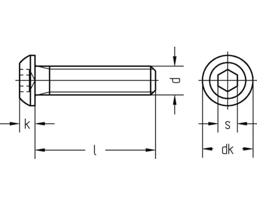 Technický nákres šroubu s válcovou hlavou a vnitřním šestihranem