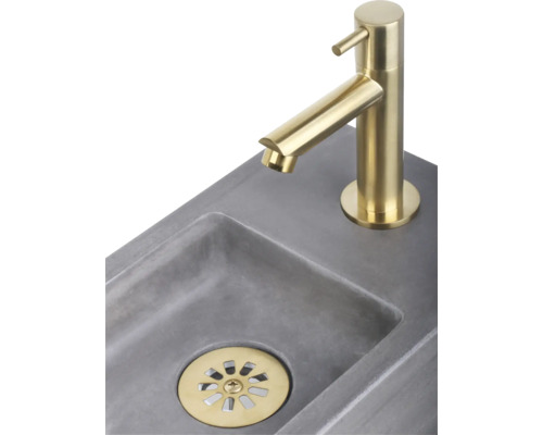 Fotografie umyvadla se zlatou baterií a odpadem