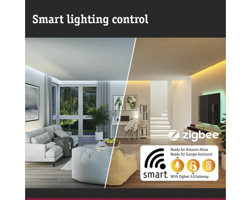 Chytré ovládání osvětlení ve dvou obývacích pokojích s technologií Zigbee pro ovládání pomocí Amazon Alexa a Google Assistant.