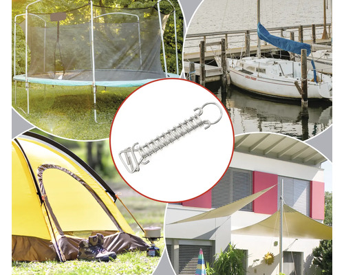 Příklady použití tažné pružiny s kruhovými oky pro trampolínu, stan, sluneční plachtu a loď