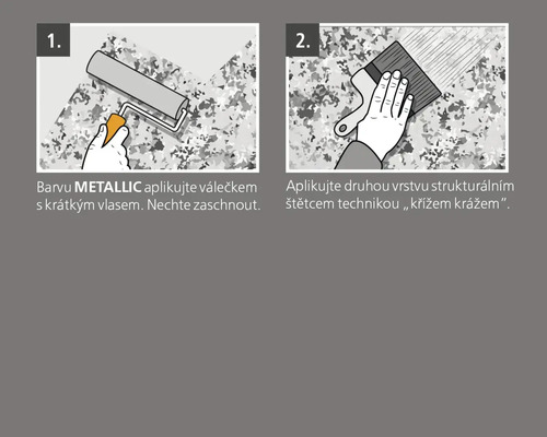 Ilustrace aplikace metalické barvy: První vrstvu naneste válečkem, druhou vrstvu štětcem