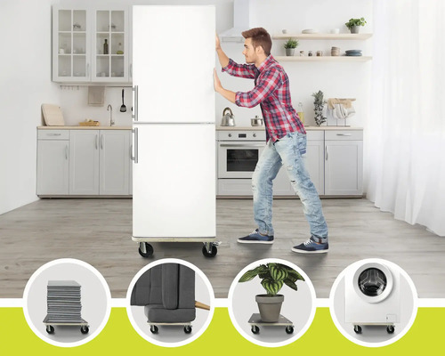 Muž tlačí ledničku na nábytkovém kolečku ve světlé kuchyni. Příklady použití s pračkou, rostlinami a židlemi.