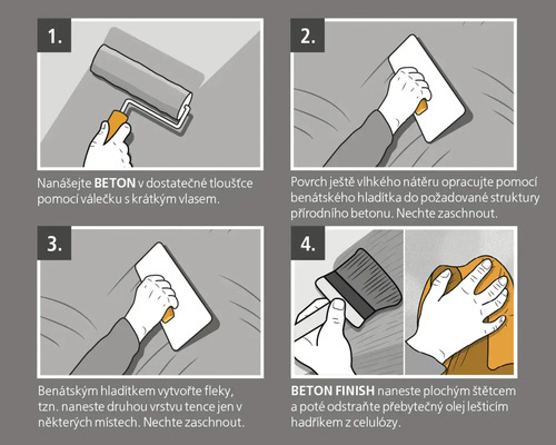 Návod na vytvoření betonového vzhledu pomocí válečku, benátského hladítka, plochého štětce a lešticí utěrky