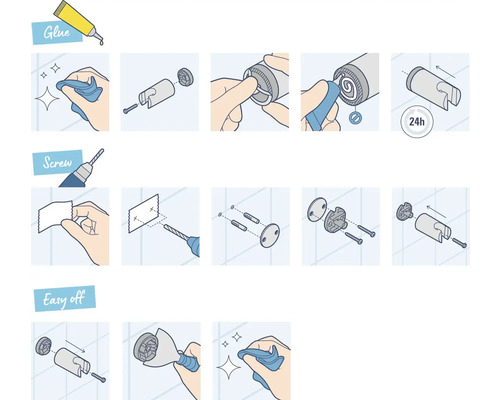 Ilustrace montážního návodu s lepidlem a šrouby