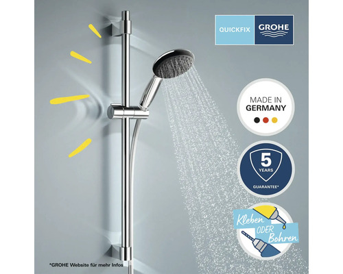 Sprchová tyč se ruční sprchou a logy Quickfix, Grohe a značkami Vyrobeno v Německu, pětiletá záruka a lepení nebo vrtání