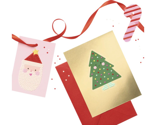 Vánoční přání s motivem Santa Clause, vánočního stromku, červenou obálkou a stuhou