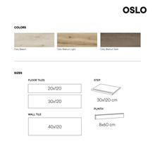 Barvy a velikosti dlaždic Oslo: buk, světlý ořech, tmavý ořech, 20 x 120, 30 x 120, 40 x 120 centimetrů, schod 30 x 120 centimetrů, sokl 8 x 60 centimetrů