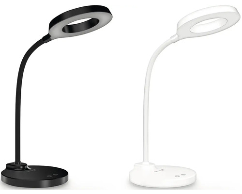 Dvě LED stolní lampy v černé a bílé barvě s kruhovým světlem