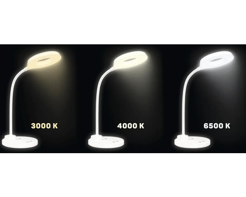 Stolní lampa s různými teplotami barev: 3000 Kelvinů, 4000 Kelvinů a 6500 Kelvinů.