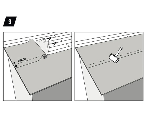 Ilustrace pokládky izolační podložky s překrytím 10 centimetrů a přítlačného válečku.