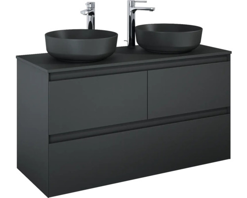 Skříňka pod umyvadlo se dvěma umyvadly na desku a dvěma vodovodními bateriemi