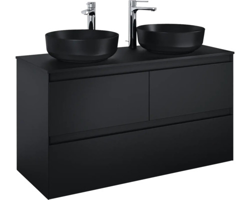 Skříňka pod umyvadlo se dvěma umyvadly na desku a vodovodními bateriemi