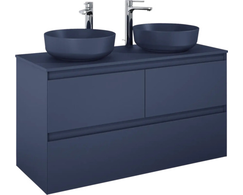 Skříňka pod umyvadlo se dvěma umyvadly na desku a dvěma bateriemi