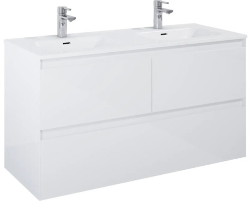 Skříňka pod umyvadlo se dvěma umyvadly a dvěma kohoutky