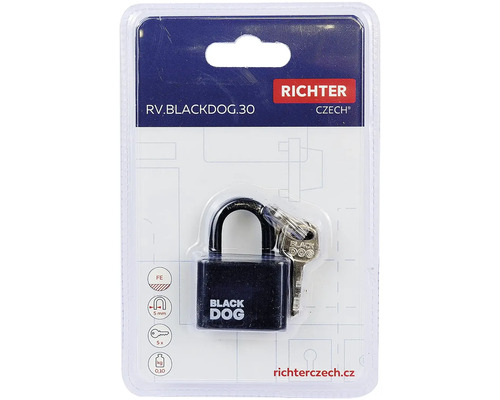 Visací zámek Richter Black Dog s klíčem v blistru