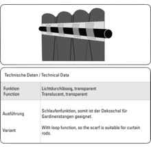 Ilustrace průsvitného dekoračního šálu s funkcí poutek pro záclonové tyče