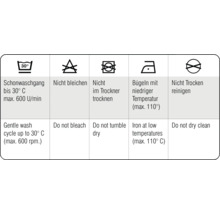 Symboly praní: Jemný cyklus do 30 stupňů, nebělit, nesušit v sušičce, žehlit na nízkou teplotu, nečistit chemicky