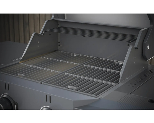 Otevřený plynový gril s grilovacím roštem a ohřívacím roštem