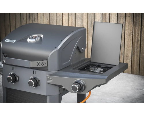 Plynový gril s bočním hořákem a teploměrem ve víku