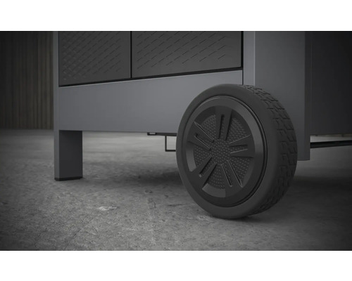 Detail šedé dílenské skříně s kolečkem