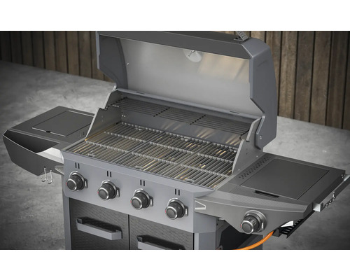 Plynový gril se čtyřmi hořáky, bočním hořákem a otevřeným víkem