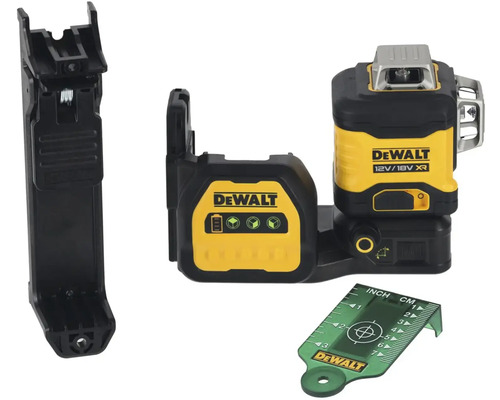 Logo DeWalt, čárový laser s držákem a měřicí deskou