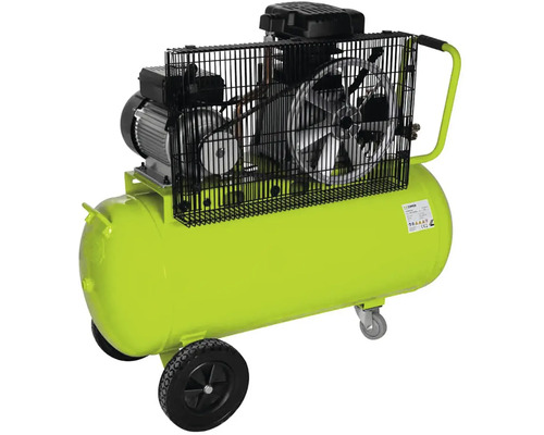 Mobilní pístový kompresor s tlakovou nádobou a ochrannou klecí.