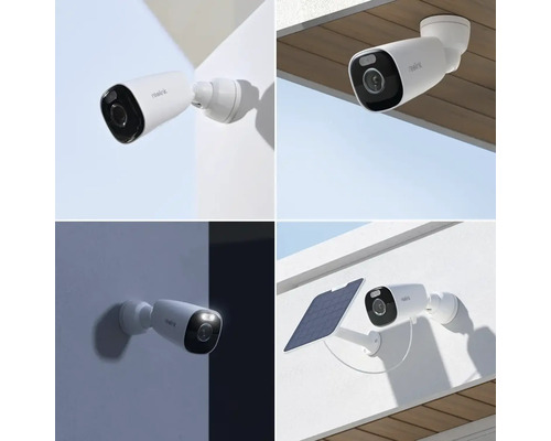 Koláž různých pohledů na bezpečnostní kameru Reolink pro montáž na stěnu.