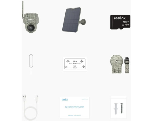 Příslušenství k fotopasti Reolink včetně solárního panelu, karty Micro SD a návodu k obsluze