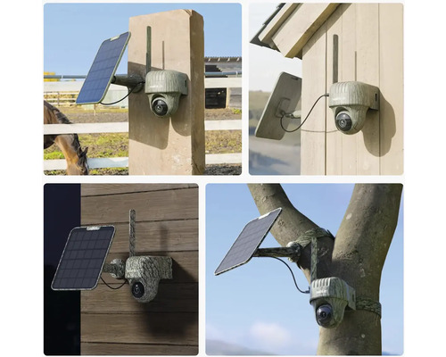 Několik pohledů na bezpečnostní kameru se solárním panelem namontovanou na různých místech.