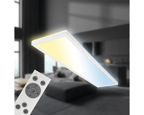 Obdélníkové stropní LED svítidlo s dálkovým ovládáním v moderně zařízeném obývacím pokoji.