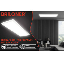 Ploché LED panely s podsvícením v obývacím pokoji, logo Briloner, ochrana IP44, mikrovlnný senzor