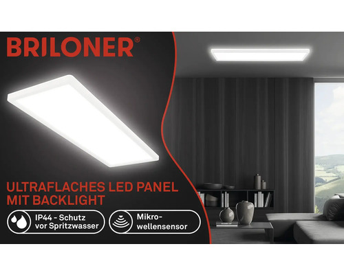 Ploché LED panely s podsvícením v obývacím pokoji, logo Briloner, ochrana IP44, mikrovlnný senzor