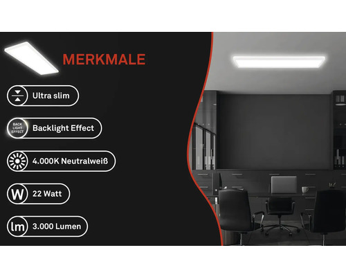 Vlastnosti kancelářské lampy: Ultratenký design, efekt podsvícení, 4000 Kelvinů neutrální bílá, 22 wattů, 3000 lumenů