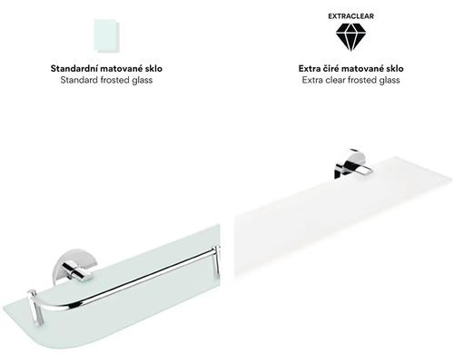 Porovnání standardního matovaného skla a extra čirého matovaného skla pro police s držáky