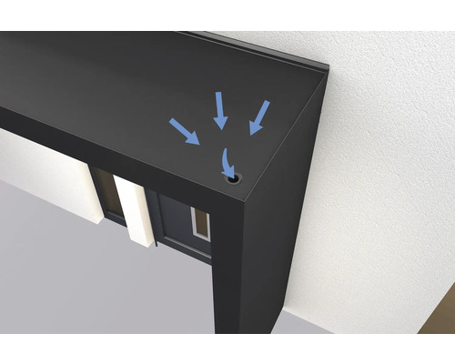 Detailní pohled na stříšku se systémem odvodnění