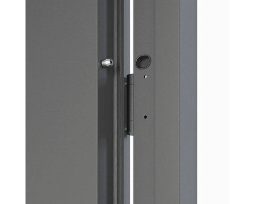 Detail ocelových dveří se zámkem a pantem